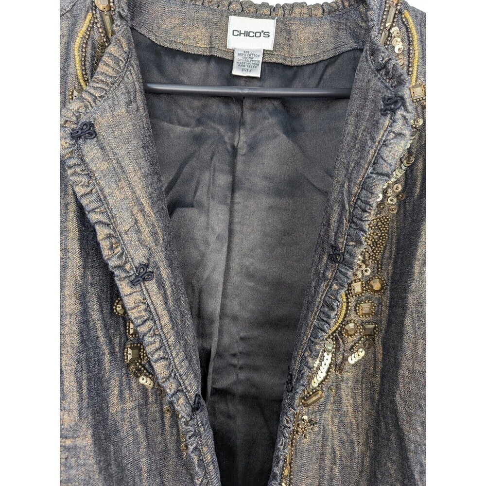 Chico’s Golden Trinket Royalty Jacket Indigo Denim Bronze Foil Size 2 Large - Picture 9 of 10